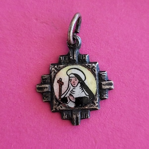 Very rare religious antique silvered catholic enameled medal pendant medaillon medallion of Saint Rita, Sint Rita.