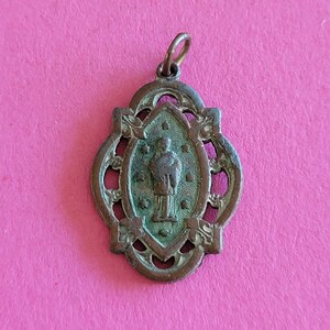 Religious antique catholic copper medal pendant Holy charm medallion Saint Louis-Marie Grignion de Montfort and Holy Mary.