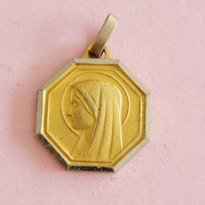 Religious antique gold plated vermeil French catholic medal pendant medallion holy charm of Virgin Mary, Holy Mary Our Lady.