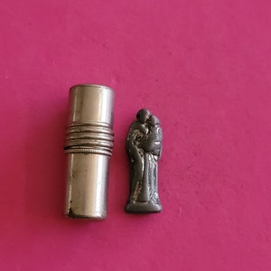 Religious antique silvered French catholic pocket shrine relic relique porta saint with statue of Saint Joseph and child Jesus.