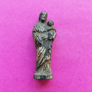 2.2&quot; Religious antique silver plated French catholic pocket shrine relic relique with statue of Saint Joseph and Child Jesus.