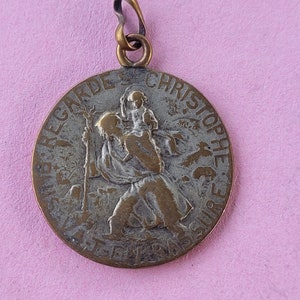 Beautiful antique French catholic bronze medal pendant medaillon holy charm of Saint Christopher Christophorus traveler medal.