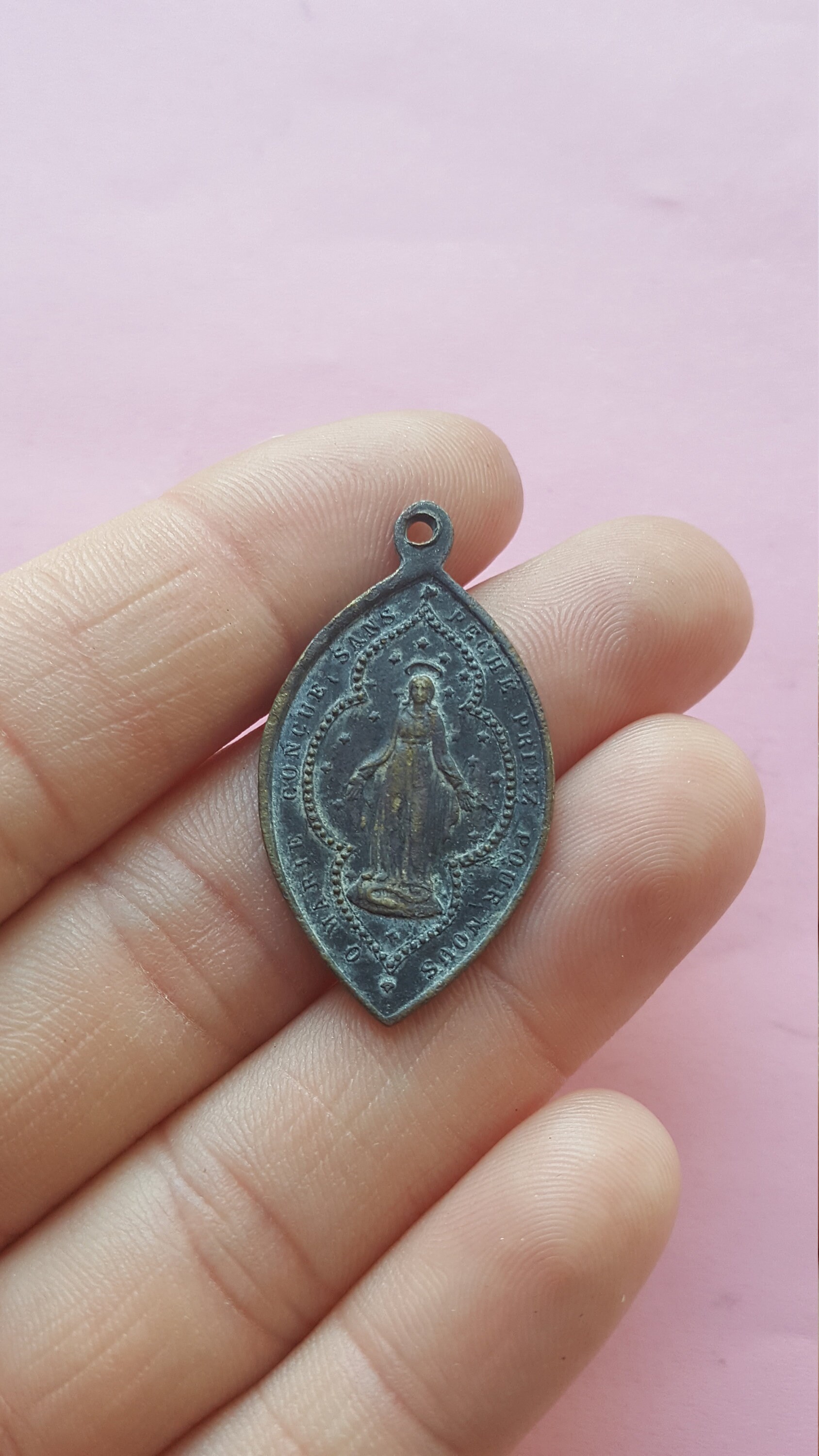 Religious Antique French Catholic Copper Medal Pendant Holy Charm of ...