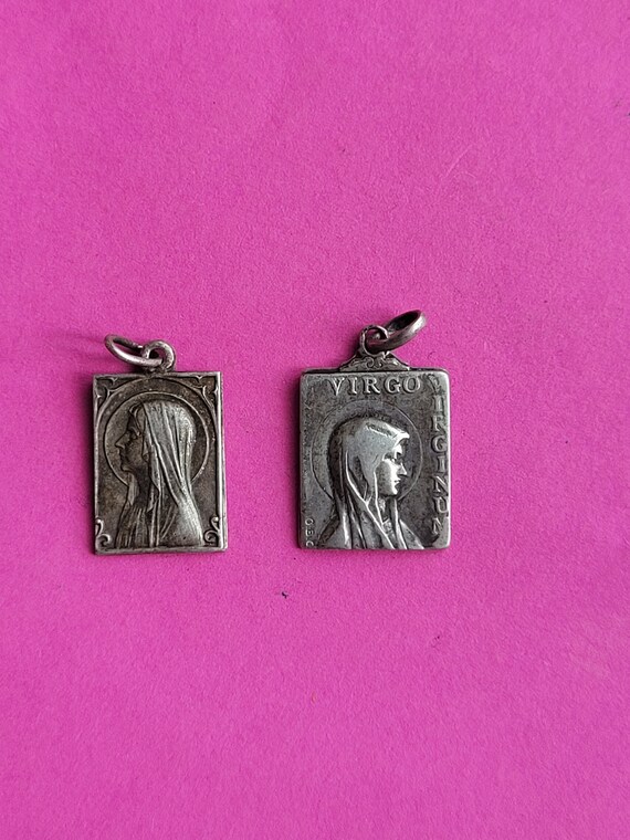 Lot of 2 religious antique silver plated medal pe… - image 5