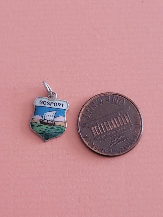 Beautiful vintage silver enameled travel shield charm, memory charms tourist charm, Coat of Arms, charm of Gosport, England, UK View 4