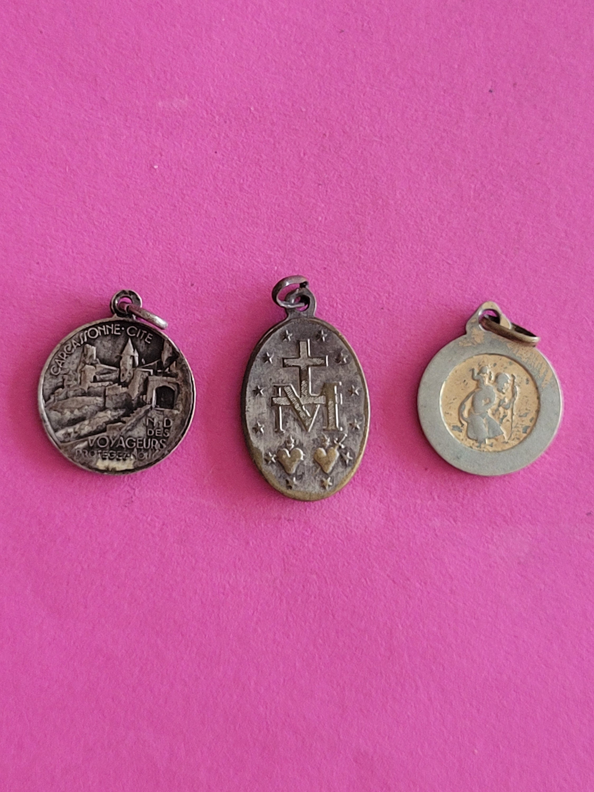 Lot of 3 Antique Religious Catholic Silver Plated Medal Pendant Charm ...