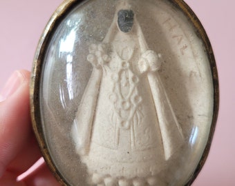 Religious antique catholic copper shrine reliquary relic Napoleon III Meerschaum of Black Madonna Holy Mary Our Lady of Hal in Belgium.
