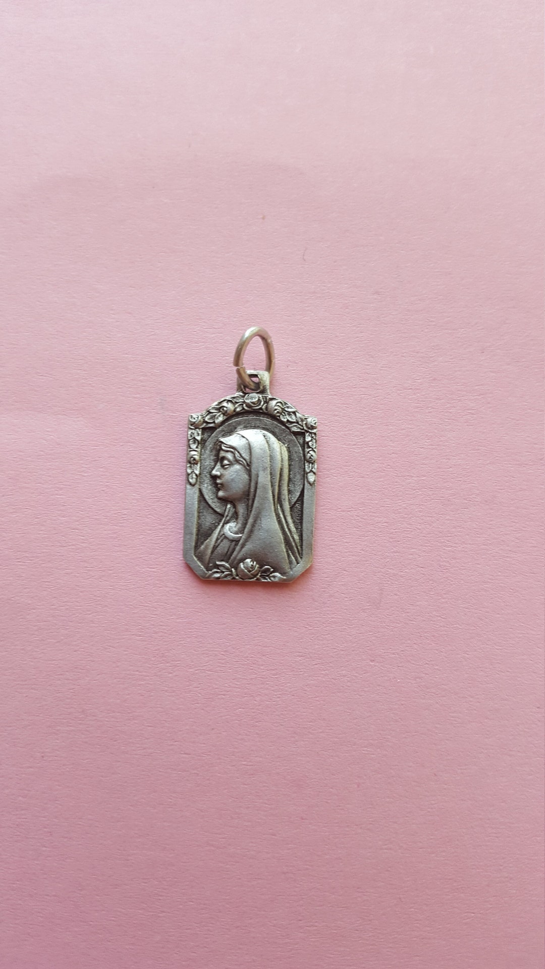 Religious French Catholic Silvered Medal Pendant of Holy Mary Our Lady ...