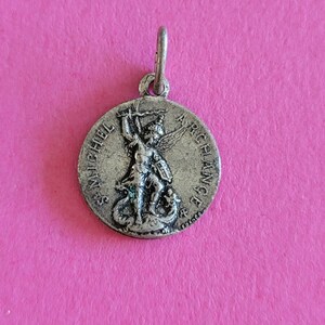 Religious Catholic silvered medal pendant holy charm of St. Michael the Archangel, St. Michel, Guardian Angel and Mont St Michel, France. image 2