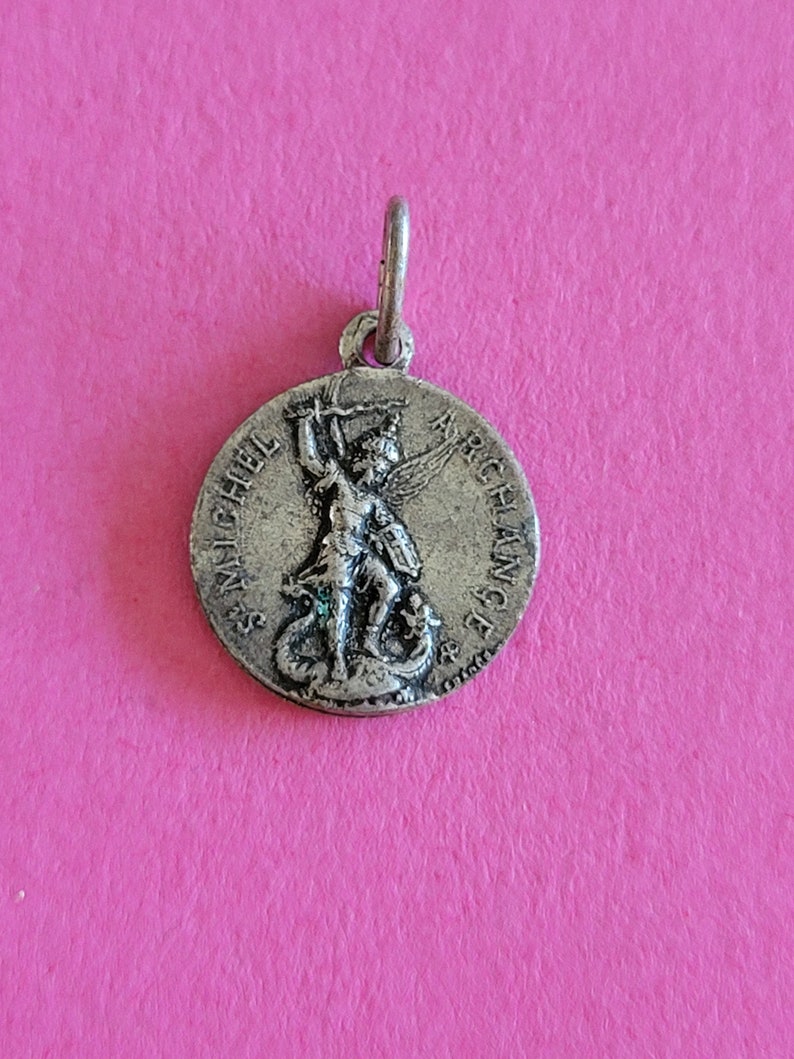 Religious Catholic silvered medal pendant holy charm of St. Michael the Archangel, St. Michel, Guardian Angel and Mont St Michel, France. image 2