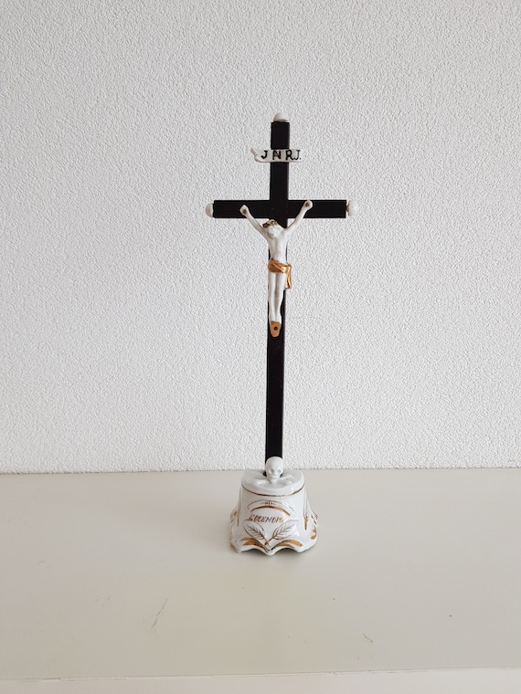 Antique French Porcelain Black Wooden Standing Altar Cross