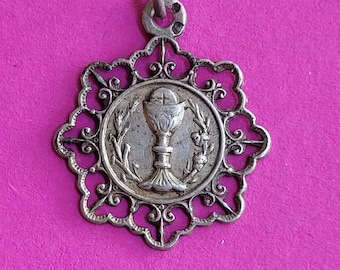 Antique religious Catholic silver(MARKED) medal pendant Holy charm, medallion of the 1st First Communion, Chalice, filigree.