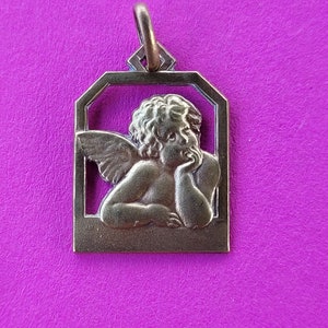 Stunning precious religious antique gold plated catholic medal pendant charm of cherub, archangel, guardian angel.