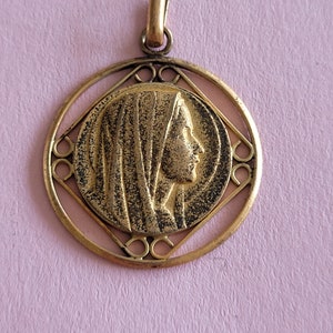 Religious antique gold plated vermeil French catholic medal pendant medallion holy charm of Virgin Mary, Holy Mary Our Lady.