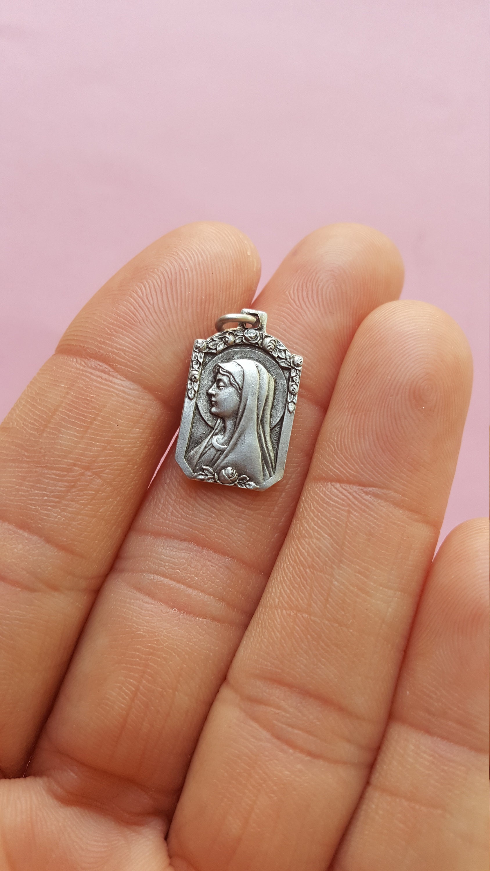 Religious French Catholic Silvered Medal Pendant of Holy Mary Our Lady ...