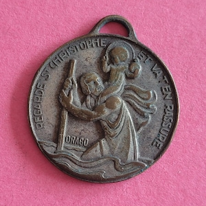 Religious antique French catholic silver plated medal pendant medallion holy charm of Holy Christopher, Christophorus, Travelers medal.