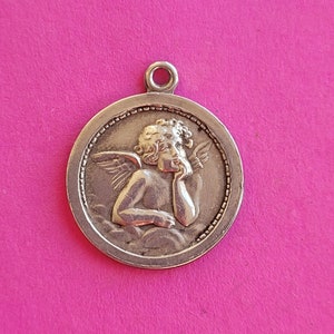 Stunning precious religious antique Silver MARKED catholic medal pendant charm of cherub, archangel, guardian angel.