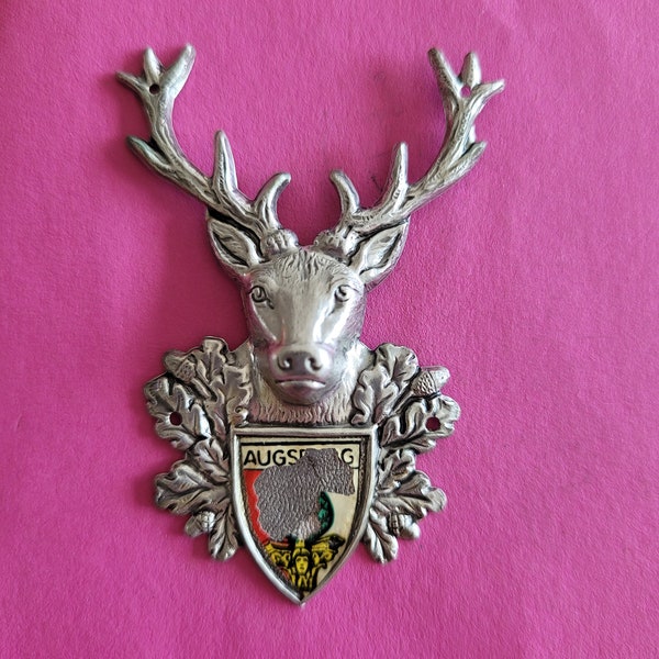 Beautiful vintage silver plated enameled deershaped travel shield, memory charms tourists, Walking Stick Pin of Augsburg, Germany.