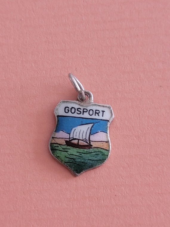 Beautiful vintage silver enameled travel shield charm, memory charms tourist charm, Coat of Arms, charm of Gosport, England, UK View 2