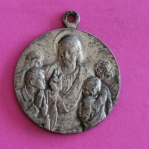Bellissimo medaglione religioso antico placcato argento medaglione medaglione medaglione sacro della Sacra Famiglia, Prima Comunione.