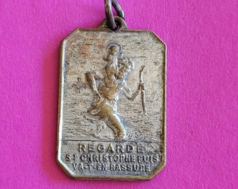 Religious antique French silvered catholic medal pendant holy charm of Saint Therese of Lisieux and Saint Christopher.