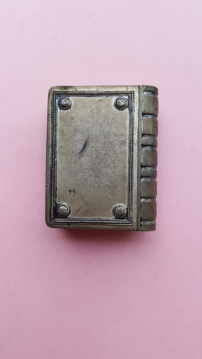 Very old antique silvered Catholic Rosary Case Miniature Box Container Religious Collectible with Saint Joseph and child Jesus.