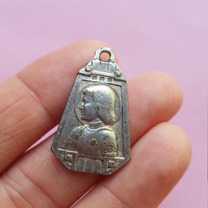 Religious antique French silvered catholic medal pendant medallion holy charm of Saint Jeanne d'Arc, Joan of Arc and Saint Christopher. image 9