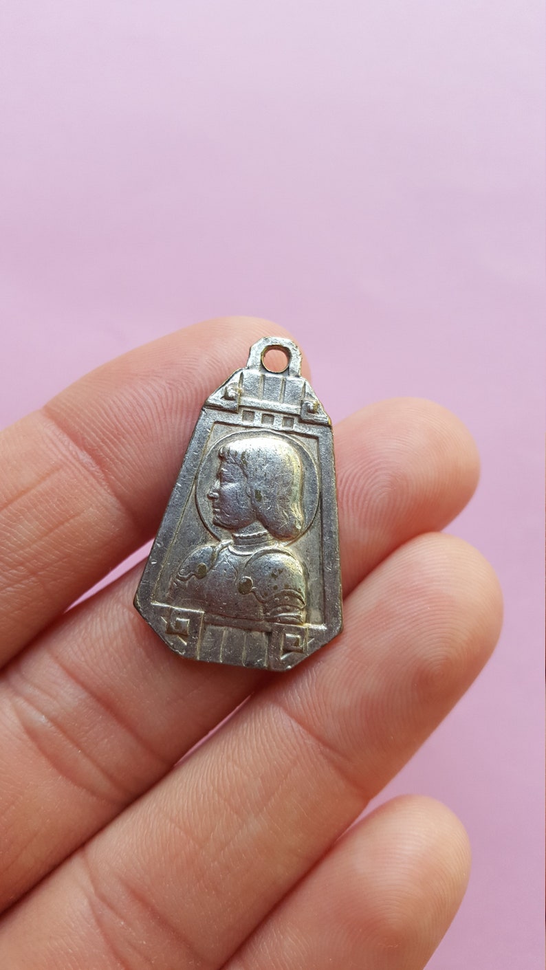 Religious antique French silvered catholic medal pendant medallion holy charm of Saint Jeanne d'Arc, Joan of Arc and Saint Christopher. image 9