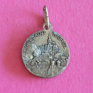 Religious Catholic silvered medal pendant holy charm of St. Michael the Archangel, St. Michel, Guardian Angel and Mont St Michel, France. image 5