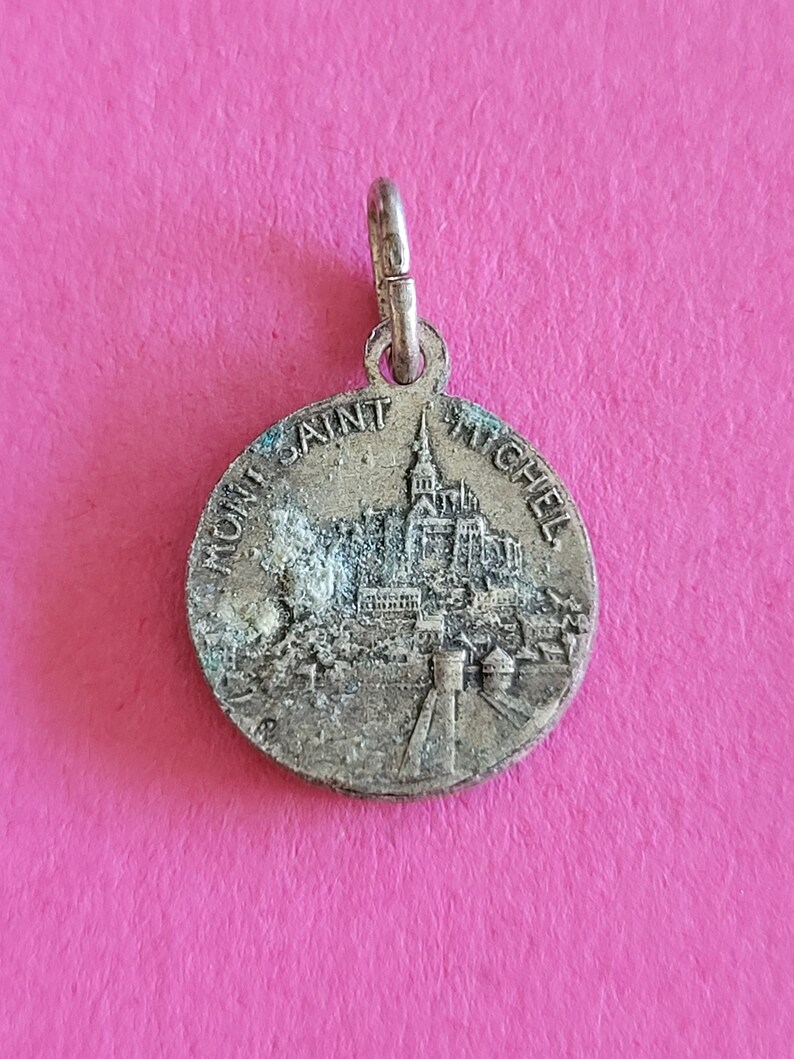 Religious Catholic silvered medal pendant holy charm of St. Michael the Archangel, St. Michel, Guardian Angel and Mont St Michel, France. image 5