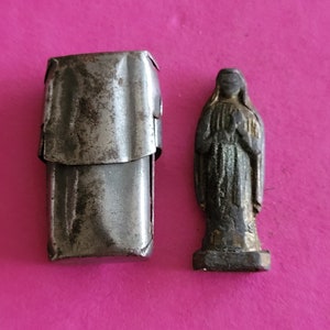 Religious antique silver plated French catholic pocket shrine relic relique porta saint with statue of Holy Mother Mary Our Lady.