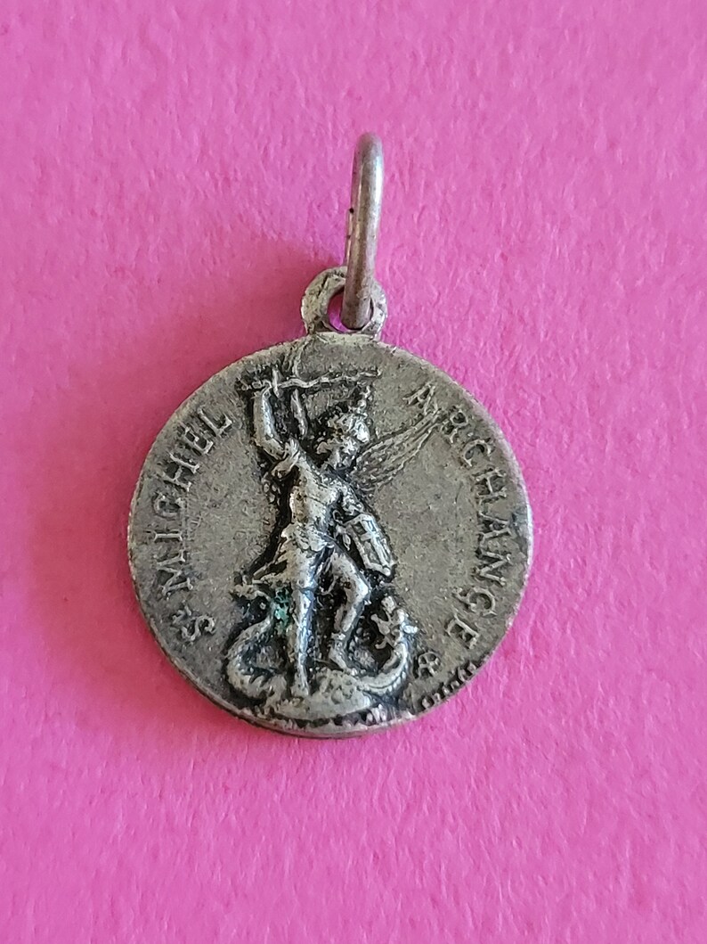 Religious Catholic silvered medal pendant holy charm of St. Michael the Archangel, St. Michel, Guardian Angel and Mont St Michel, France. image 1