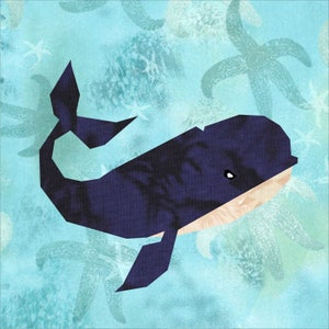 Wally the Whale Quilt Pattern, a 12 inch paper piece foundation paper pattern.