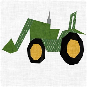 Paper Piece Pattern Farm Tractor with Bucket 12 inch Quilters Block. John Deere Tractor Foundation Paper Patchwork Template.