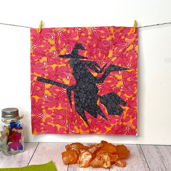Witch Quilt Block Pattern, paper pieced Halloween patchwork pattern.