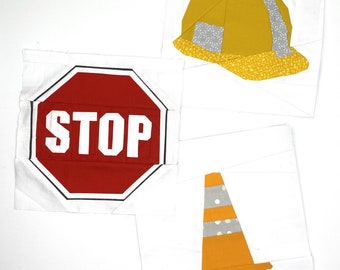 Set of Three Construction Quilt Patterns: Hard Hat, Stop Sign and Traffic Cone Paper Pieced Quilt Block Patterns!