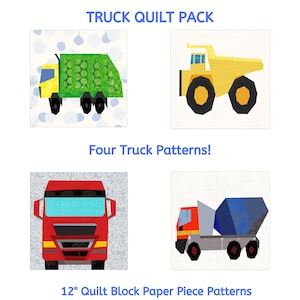 Truck Quilt Pattern Pack. Four 12 inch Paper Piece Patterns including Rubbish Truck, Dump Truck, Big Red Lorry and Cement Mixer.