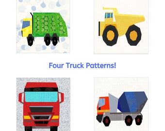 Truck Quilt Pattern Pack. Four 12 inch Paper Piece Patterns including Rubbish Truck, Dump Truck, Big Red Lorry and Cement Mixer.