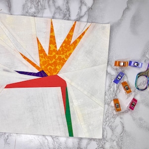 Peut inclure: Un carré de tissu blanc avec un motif d'oiseau de paradis coloré. Le motif est composé de pièces de tissu orange, jaune, rouge, violet et vert. Le tissu est épinglé avec des clips colorés.