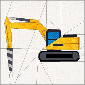 May include: A yellow and black paper pieced pattern of an excavator with a blue patterned cab. The excavator is digging a hole with a drill bit.