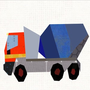 Puede incluir: Ilustración geométrica de un camión hormigonera. El camión tiene una cabina roja con una franja amarilla, una carrocería gris claro y un tambor de mezcla azul. Las ruedas son negras con centros rojos.