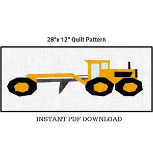 May include: A yellow and black quilt pattern featuring a tractor design. The pattern is 28 inches by 12 inches and includes the text "28"x 12" Quilt Pattern" and "INSTANT PDF DOWNLOAD".
