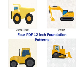 Construction/Roadwork Paper Pieced Pattern Pack. Four 12 Inch Quilt Block Patterns including Dump Truck, Digger, Bulldozer, and Tractor
