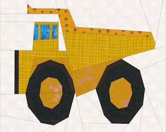 Dump Truck Paper Piece Foundation Pattern. 12 Inch Paper Piece Truck Patchwork Pattern. Construction Paper Piece Quilters Block.