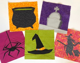 Halloween Quilt Block Patterns Pack - 5 Halloween Patchwork Quilt Blocks.