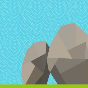 May include: Two large, gray, geometrically shaped rocks against a blue, patterned background. The rocks are positioned side by side, with the larger rock on the right.