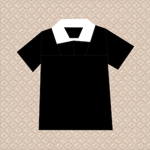 May include: A black polo shirt with a white collar. The shirt has short sleeves.