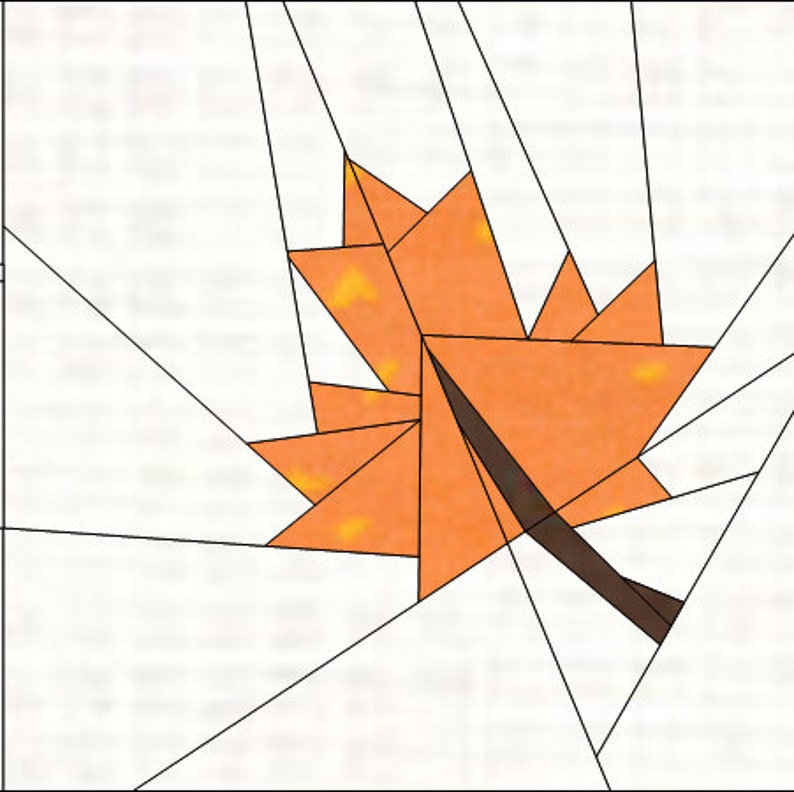 May include: An abstract illustration of a maple leaf in shades of orange and brown, with a dark brown stem. The leaf is composed of geometric shapes, set against a white background with black lines.