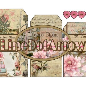 May include: A collection of vintage paper ephemera featuring floral and botanical designs. The image includes envelopes, pages, and pink heart-shaped buttons. The text "Timeless Blooms" and "LineDotArrow" are displayed.