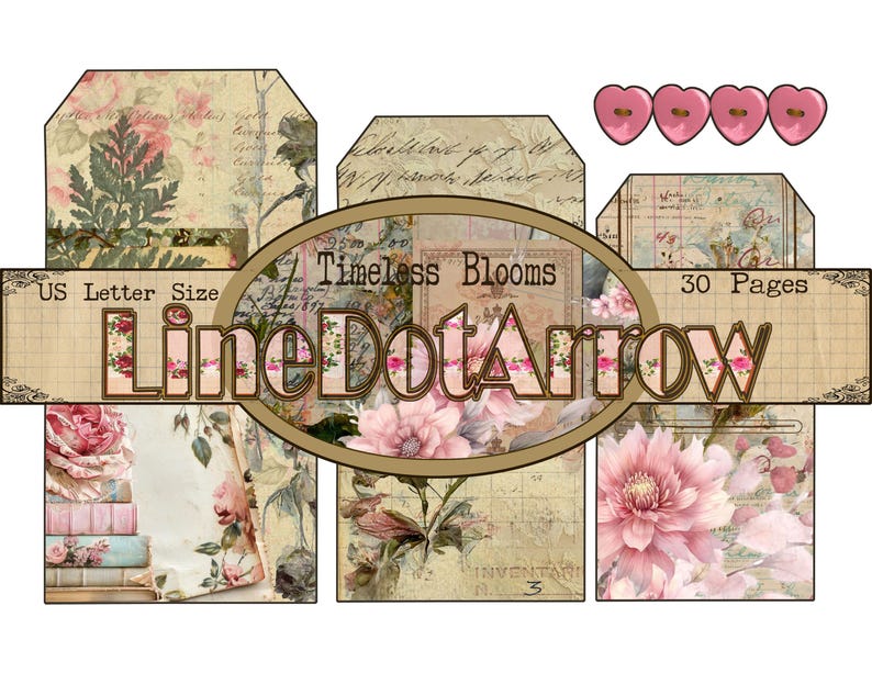 May include: A collection of vintage paper ephemera featuring floral and botanical designs. The image includes envelopes, pages, and pink heart-shaped buttons. The text "Timeless Blooms" and "LineDotArrow" are displayed.